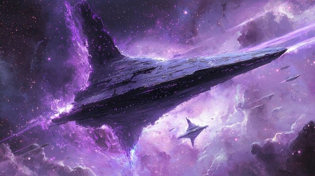 Futuristic spaceship hovering near a glowing purple nebula. Sci-fi exploration, deep space travel, alien technology, cosmic wonder, intergalactic adventure, advanced starship. Generative AI