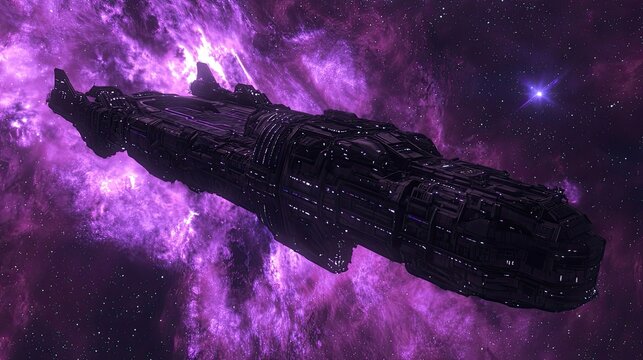 Futuristic spaceship hovering near a glowing purple nebula. Sci-fi exploration, deep space travel, alien technology, cosmic wonder, intergalactic adventure, advanced starship. Generative AI