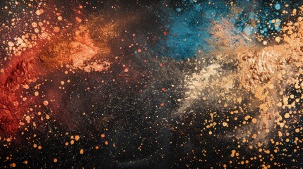 Vibrant abstract cosmic splash with red, blue, and gold paint splatters on black background