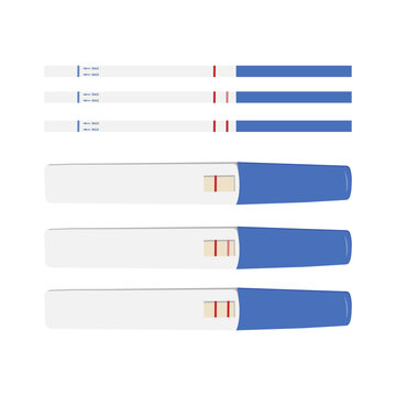 Pregnancy test. Plastic and paper tests. Pregnancy or ovulation positive and negative test with top view isolated on white background. Vector illustration.