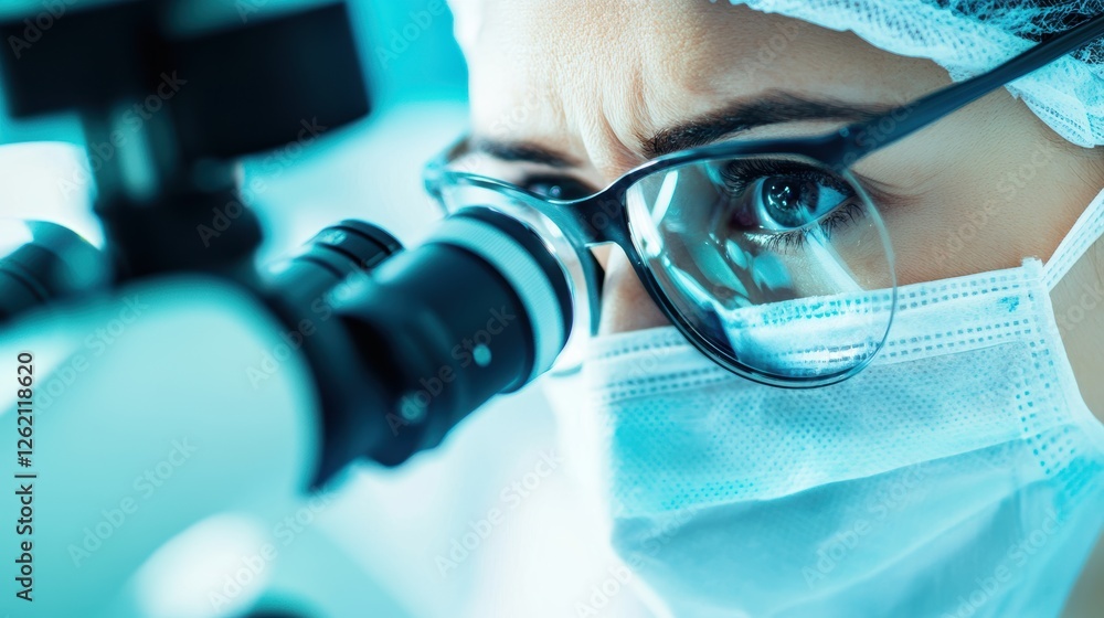 Poster scientist using microscope to analyze samples in a laboratory environment, focusing on research and 