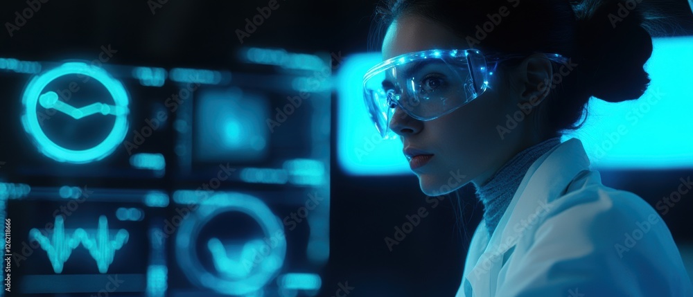 Poster scientist analyzing data in high-tech lab with futuristic screens and protective eyewear