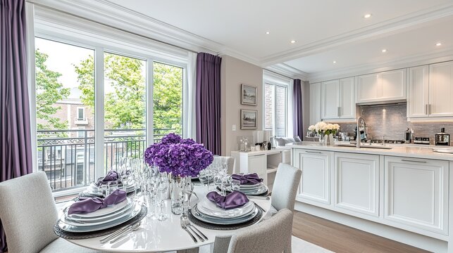 Elegant dining room, kitchen view, city backdrop, home staging