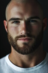 Fototapeta premium Portrait of a confident young man with a beard and shaved head, ideal for lifestyle, fashion, and personal branding visuals in contemporary photography.