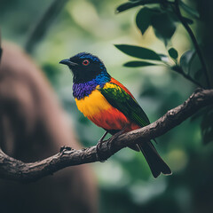 Obraz premium Colorful bird perched on a branch in lush surroundings during daylight. Generative AI