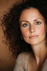 Portrait of a confident woman with curly hair, natural beauty, and a warm smile, perfect for lifestyle and wellness themes in stock photography.