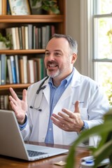 Fototapeta premium Online consultation with a smiling doctor in a home office, discussing health advice through video call on a laptop, wellness and telemedicine concept