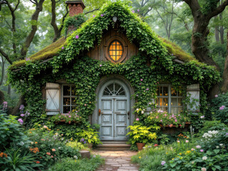 An old wooden house overgrown with plants and a house in the forest