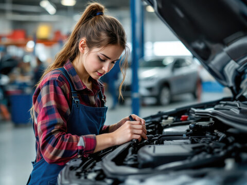 Beautiful car mechanic girl working in a car service