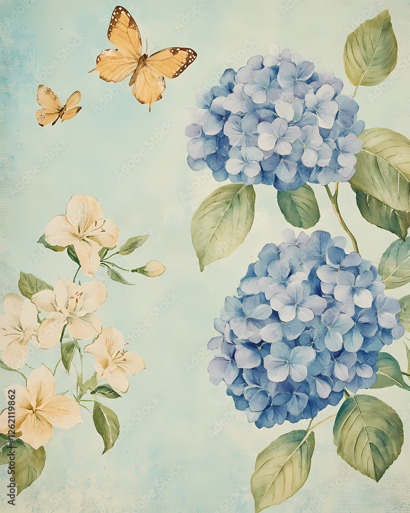 Poster blue hydrangeas and yellow butterflies create a tranquil spring setting. generative ai