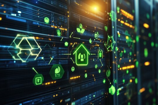 Digital eco icons representing data processing technology in a server environment, eco icons and digital data processing over computer servers