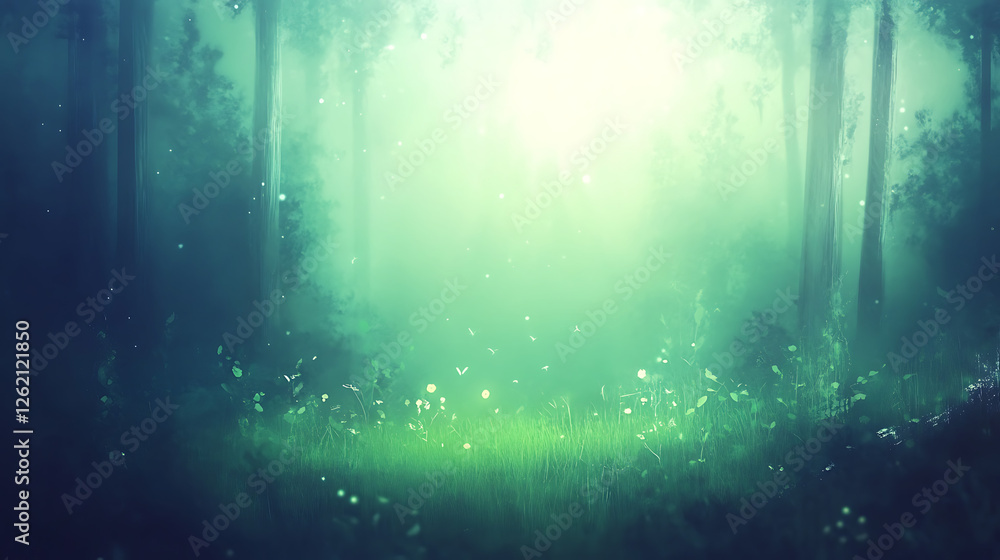 Poster forest glade illuminated by soft light with fireflies and greenery creating ethereal atmosphere