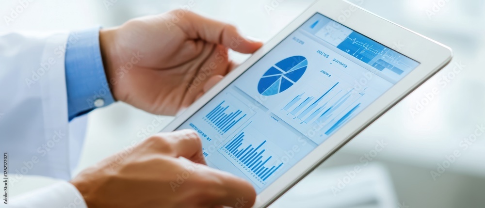 Poster hand holding tablet with business analytics data and charts, digital dashboard concept for data anal