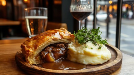 British Pie Week Delicious beef pie with mashed potatoes and wine pairing in a cozy restaurant setting