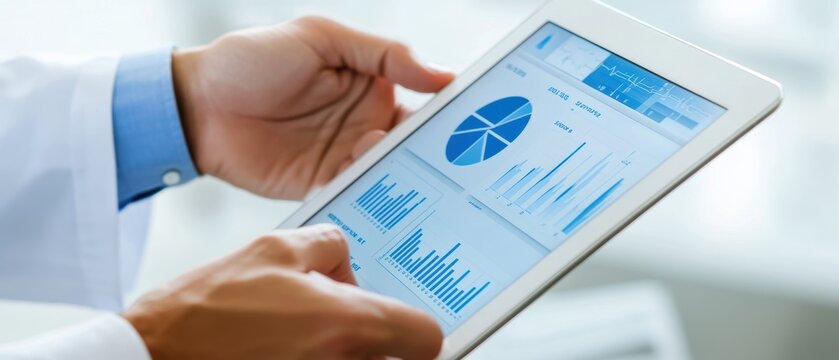 Hand holding tablet with business analytics data and charts, digital dashboard concept for data analysis and real-time reporting in a modern office