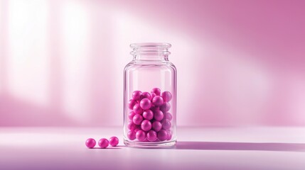 A crystal-clear bottle containing vibrant pink capsules, captured in a minimalist and professional setting