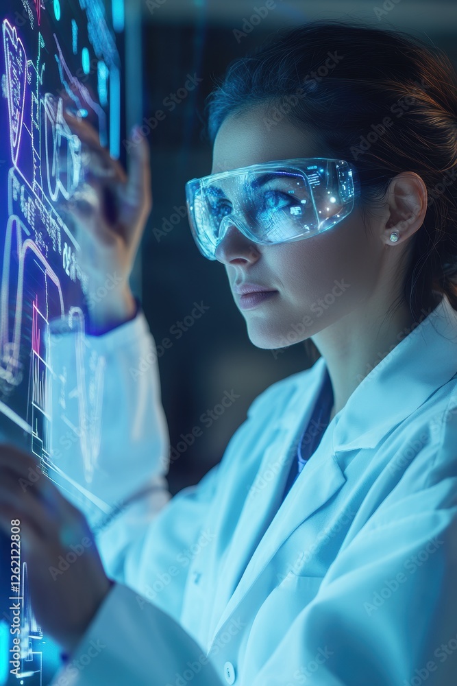 Poster female scientist analyzing data on digital interface in laboratory setting, research technology and 