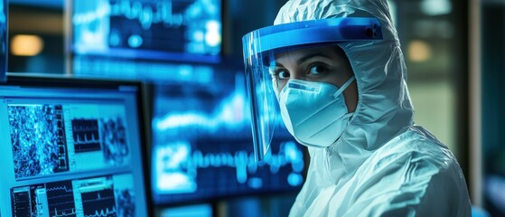 Healthcare professional in protective gear analyzing data on computer screens in a modern medical facility during a pandemic response