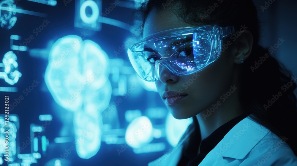 Poster female scientist analyzing data with vr glasses in high-tech laboratory setting