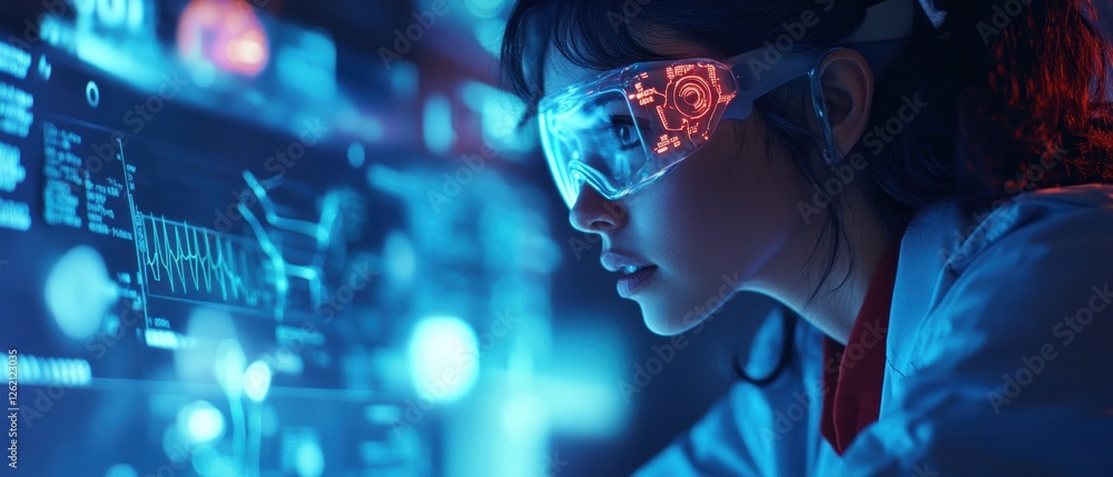Poster female scientist analyzing data in laboratory with vr technology for research and innovation in stem