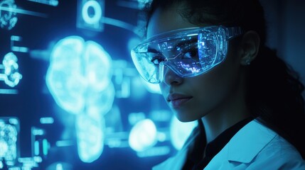 Female Scientist Analyzing Data with VR Glasses in High-Tech Laboratory Setting