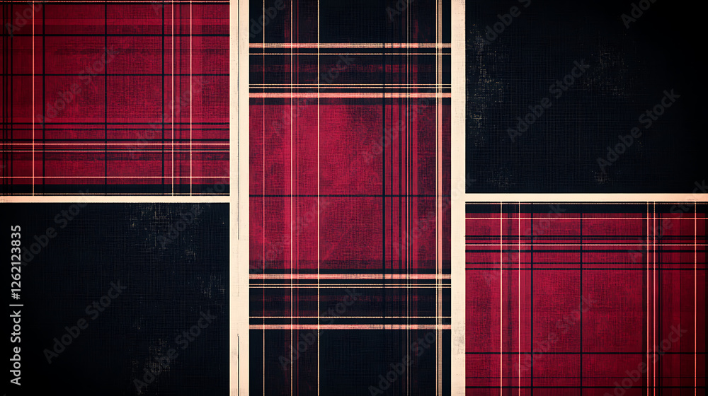 Poster fragmented plaid pattern display with red and black tones textile design for artful backgrounds