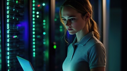 Data center technician working on laptop surrounded by server racks in dark environment, showcasing technology and IT expertise for digital infrastructure