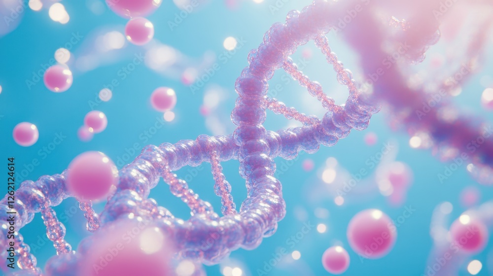 Poster a digital rendering of a dna helix with pink bubbles orbiting around it, set against a blue backdrop
