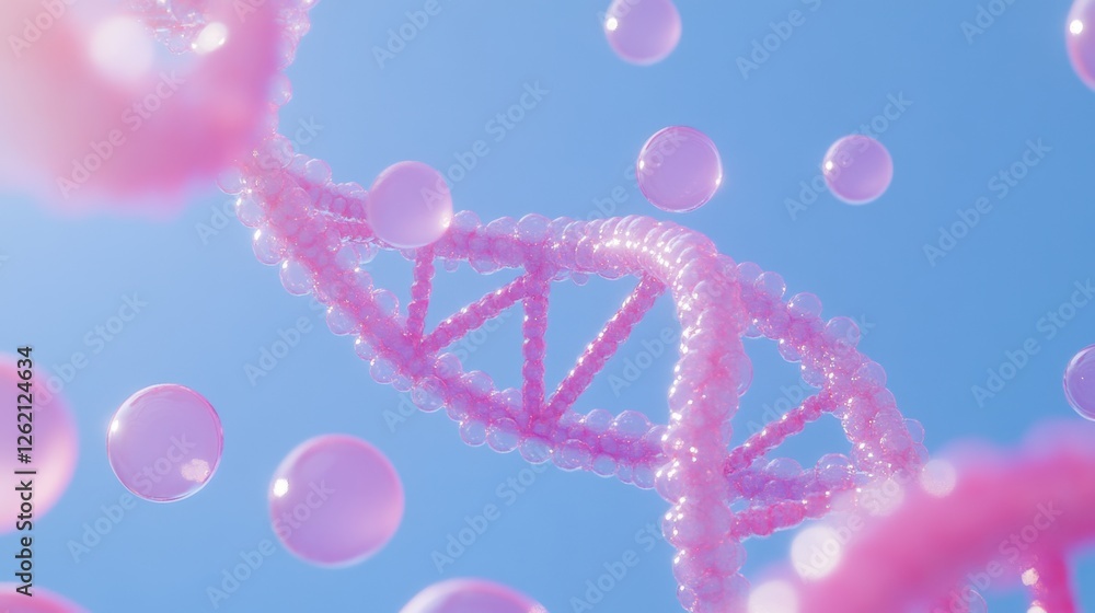 Poster a digital rendering of a dna helix with pink bubbles orbiting around it, set against a blue backdrop