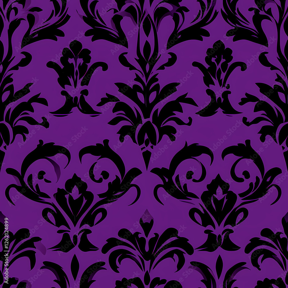 Poster elegant purple damask pattern with intricate black design details. generative ai