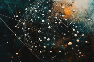 Network of connections illustrating global shapes and interactions across a digital landscape, network of connections over globe of shapes