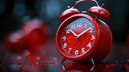 An Artistic Close-Up of a Vibrant Red Retro Analog Alarm Clock with Intricate Mechanical Details and Unique Design Features