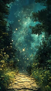 Firefly lit path, enchanted forest, night, fantasy