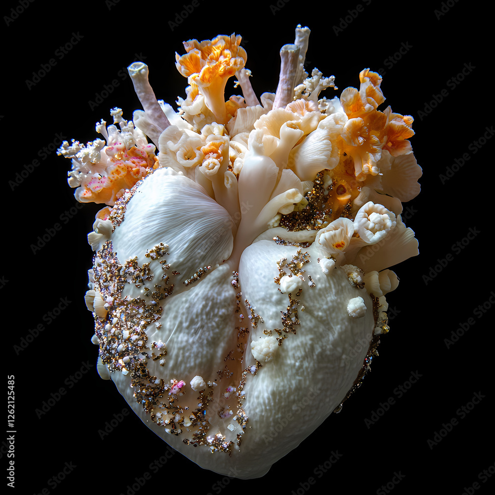 Poster heart formed from seashells and coral, created with generative ai