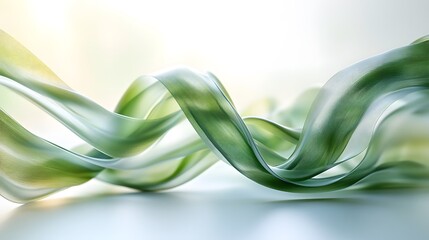Dynamic Three Dimensional Render of a Sleek Green Spiral Ribbon Swirling Against a Bright Background with Copy Space for Text