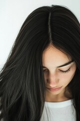 Obraz premium Beautiful woman with long black hair looking down, portrait photography, natural beauty, serene expression for beauty and wellness content