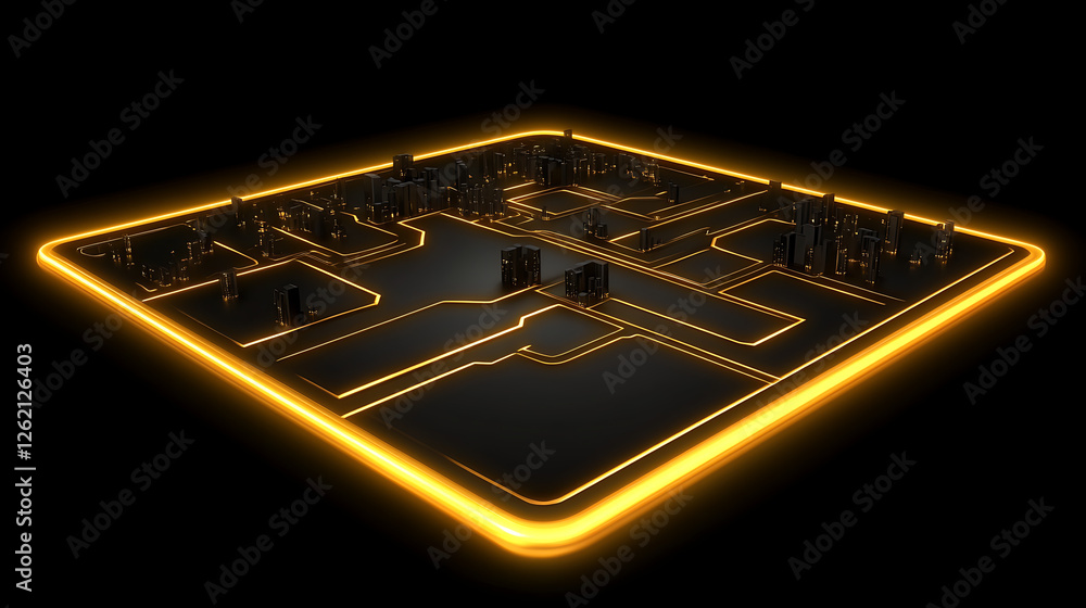 Poster futuristic circuit board landscape shining with neon light and high tech components in dark space