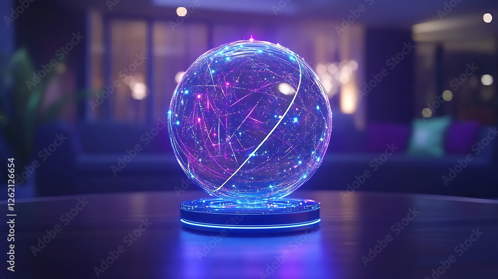 Poster futuristic glowing orb displaying digital network connections in a modern interior setting