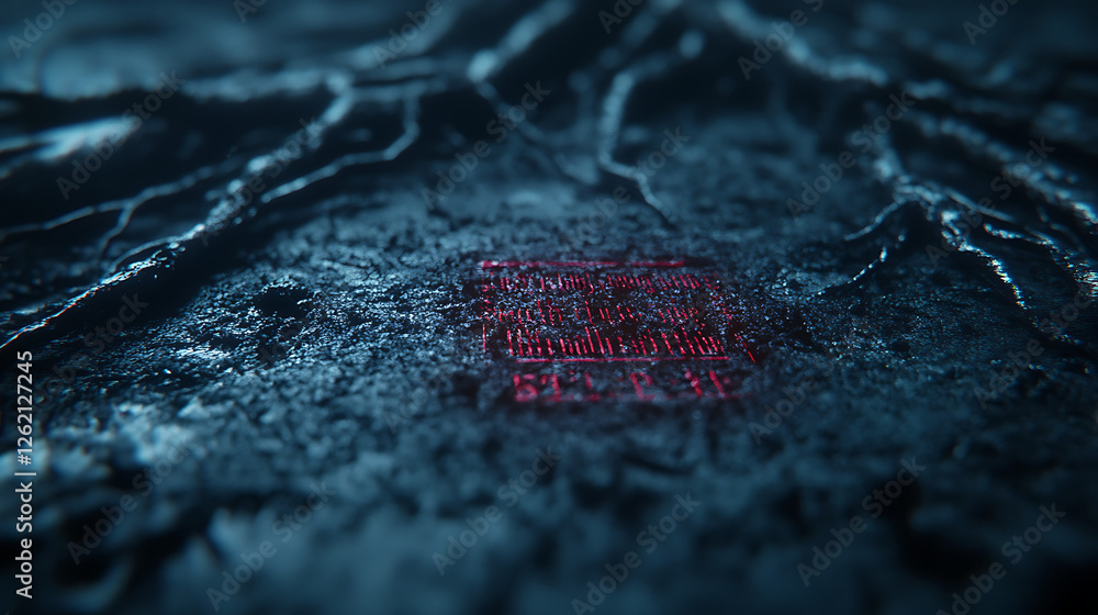 Poster futuristic underground data grid with glowing red code on rocky terrain surface matrix