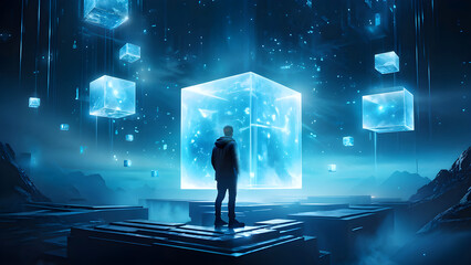 A man observes a large, glowing cube in a surreal, dark, and futuristic landscape with smaller cubes floating around.