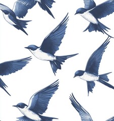Obraz premium Swallows soar gracefully across a white backdrop in this seamless pattern, showcasing their dynamic flight. The deep blue tones add a calming touch perfect for various decor styles