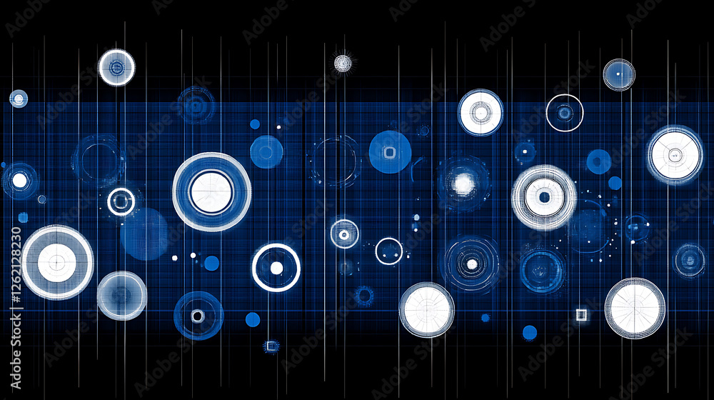 Poster geometric abstraction of circular forms in blue white and black patterned design