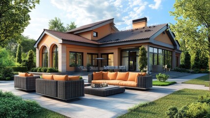 Modern villa with outdoor seating in a lush garden setting