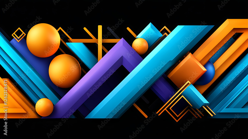 Aufkleber geometric arrangement of spheres cubes and angular shapes on a dark backdrop