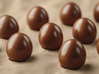 A collection of chocolate-covered eggs on a tan surface, likely used as a food styling concept for dessert recipes.