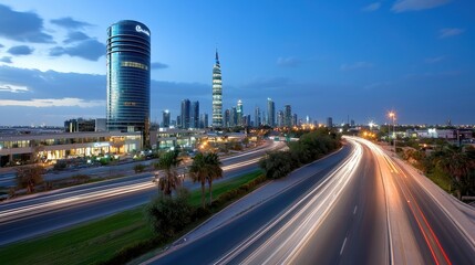 Fototapeta premium Breathtaking aerial panorama showcasing the modern and vibrant skyline of a thriving metropolitan city with towering skyscrapers illuminated roads and a dramatic dusk sky backdrop