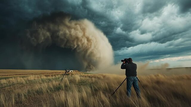 A storm chaser captures a massive tornado swirling across an open grassland under a dark, ominous sky