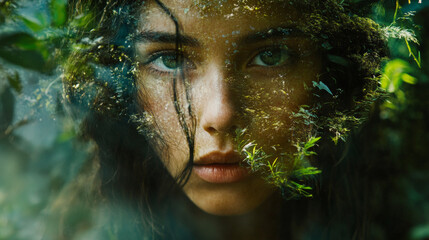 close up portrait of woman with green eyes, surrounded by foliage, conveying sense of nature and tranquility