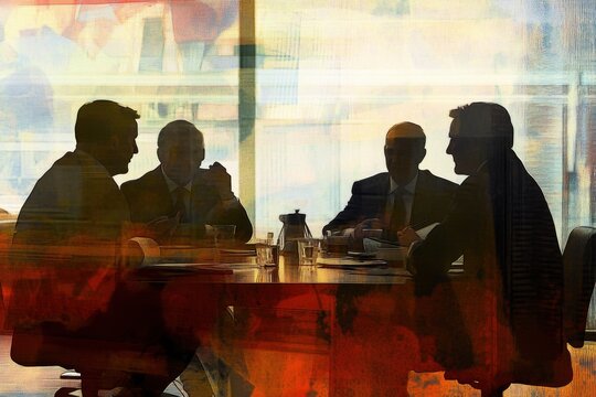 Business professionals collaborating on data processing strategies in a modern meeting space, data processing over diverse business people at meeting