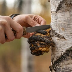 Person harvesting chaga mushroom from birch tree using a knife in autumn forest. Wild foraging and medicinal mushroom collection concept